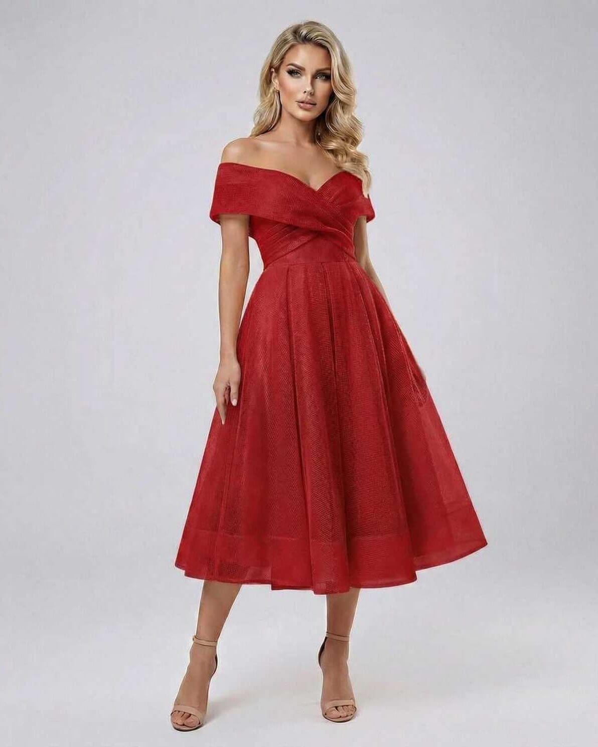 Mada Midi Dress by RAMBLION, red off-shoulder dress, elegant silhouette, perfect for special occasions, stylish appearance.