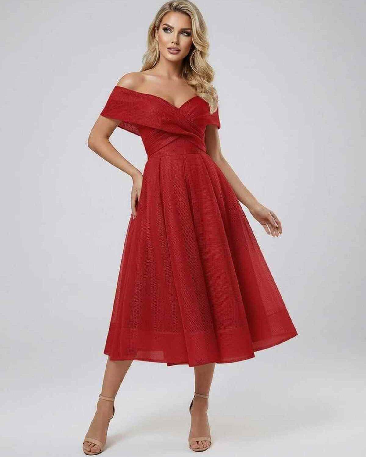 Mada Midi Dress by RAMBLION, red midi-length, 100% polyester, elegant fit for special events, bold and sophisticated.