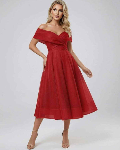 Mada Midi Dress by RAMBLION, red midi-length, 100% polyester, elegant fit for special events, bold and sophisticated.