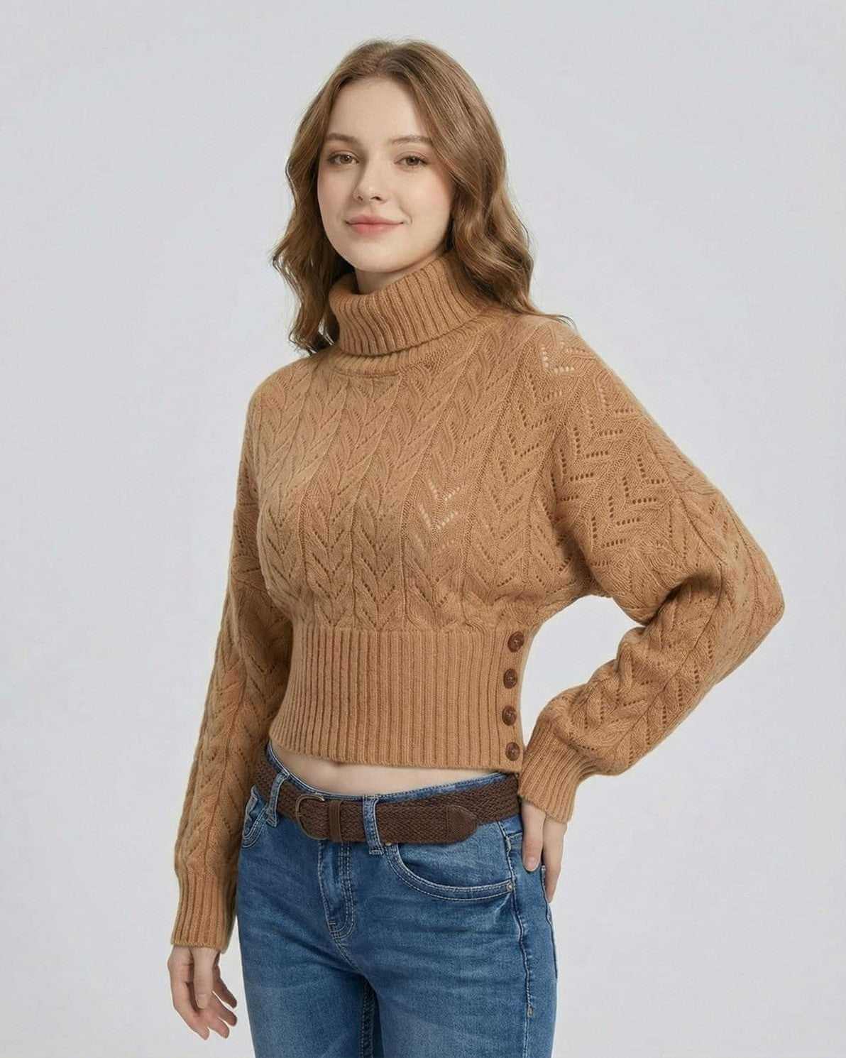 Made Sweater by RAMBLION, brown knit turtleneck, stylish autumn wear, perfect for cozy outings.