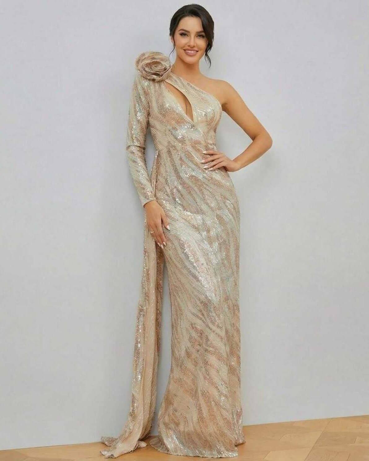 Mado Maxi Dress in beige satin, one shoulder design with sequins, perfect for formal occasions by RAMBLION.