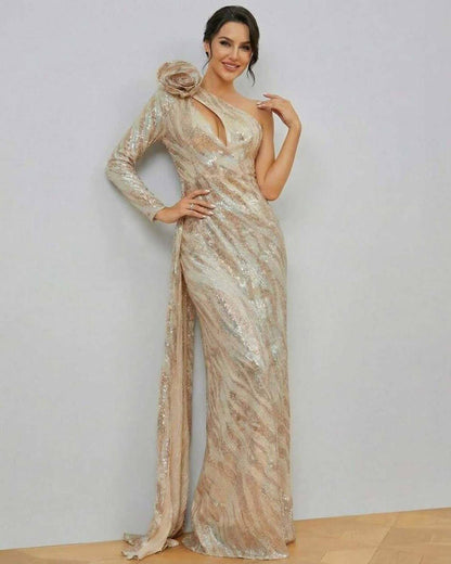 Mado Maxi Dress featuring shimmering beige satin, one shoulder design, perfect for formal occasions, by RAMBLION.