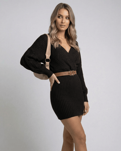 Mado Mini Dress by RAMBLION, black ribbed bodycon style, V neck, perfect for casual elegance and versatile occasions.