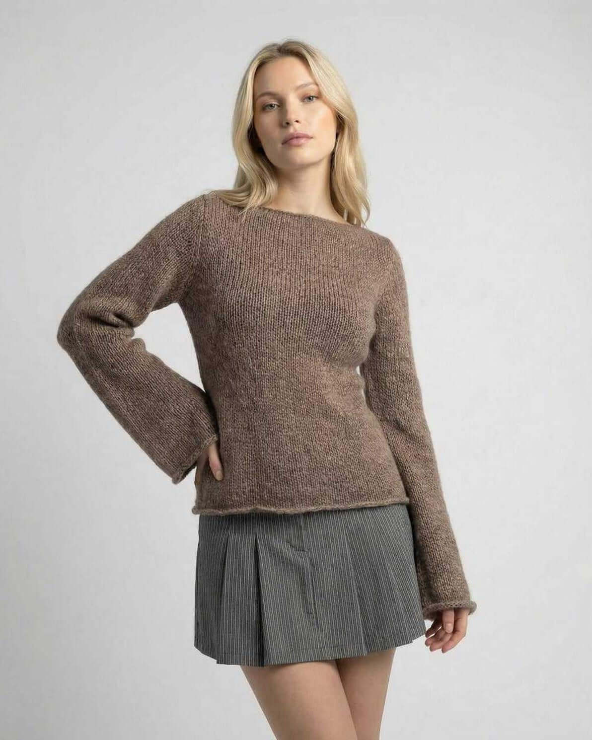 Madras Sweater by RAMBLION, featuring stylish round neckline, flare sleeves, soft acrylic fabric, perfect for seasonal wear.