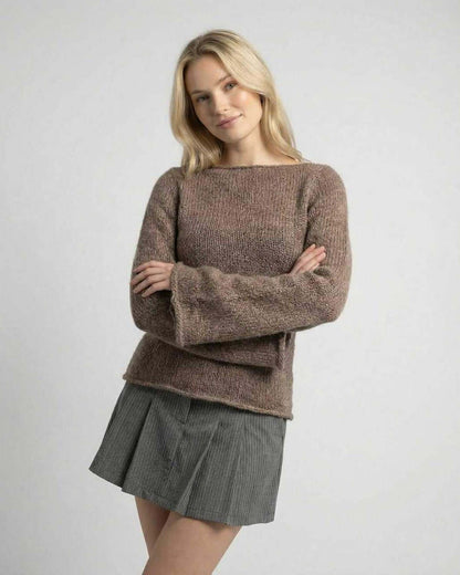 Madras Sweater featuring chic flare sleeves, round neckline, made by RAMBLION, perfect for seasonal elegance.