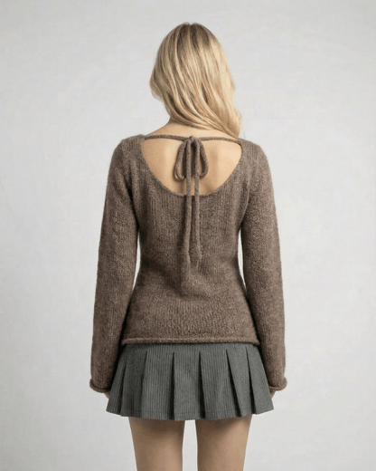 Madras Sweater back view, soft brown acrylic, elegant flare sleeves, perfect for casual occasions, by RAMBLION.