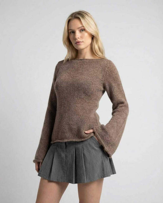 Madras Sweater by RAMBLION, brown acrylic, chic silhouette, round neckline, perfect for stylish seasonal look.