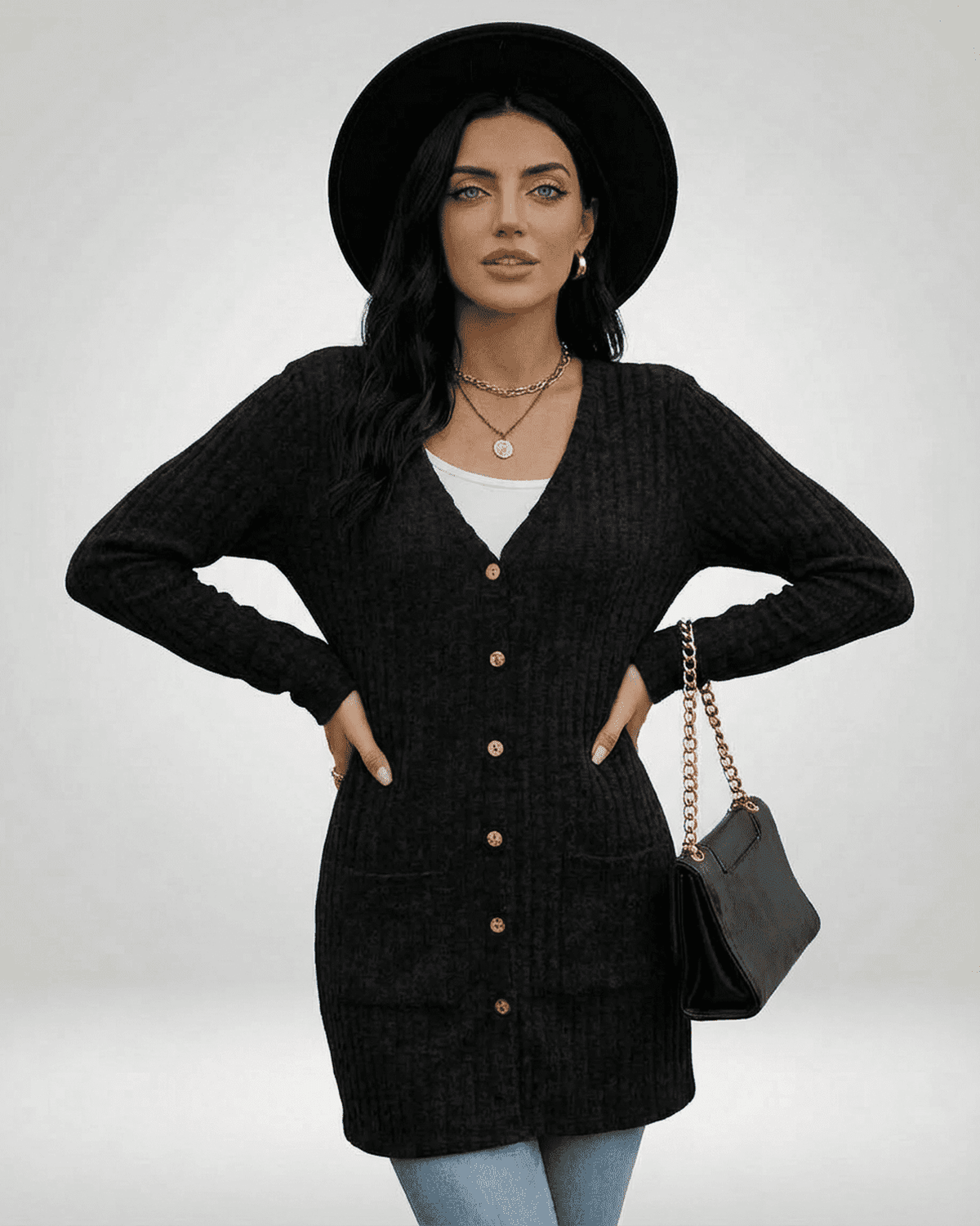 Madu Cardigan in black, featuring V neck, long sleeves, chic style for layering by RAMBLION.