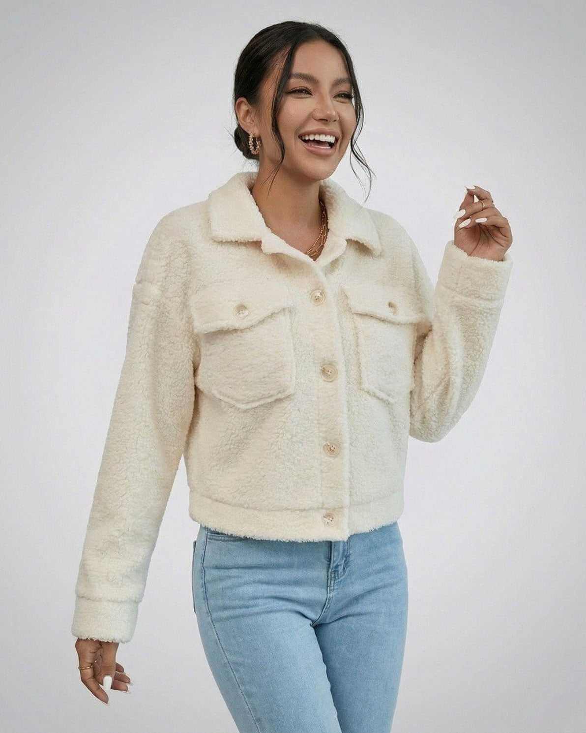 Madu Jacket by RAMBLION, women's soft faux fur, comfortable for chilly days, stylish white jacket on model.