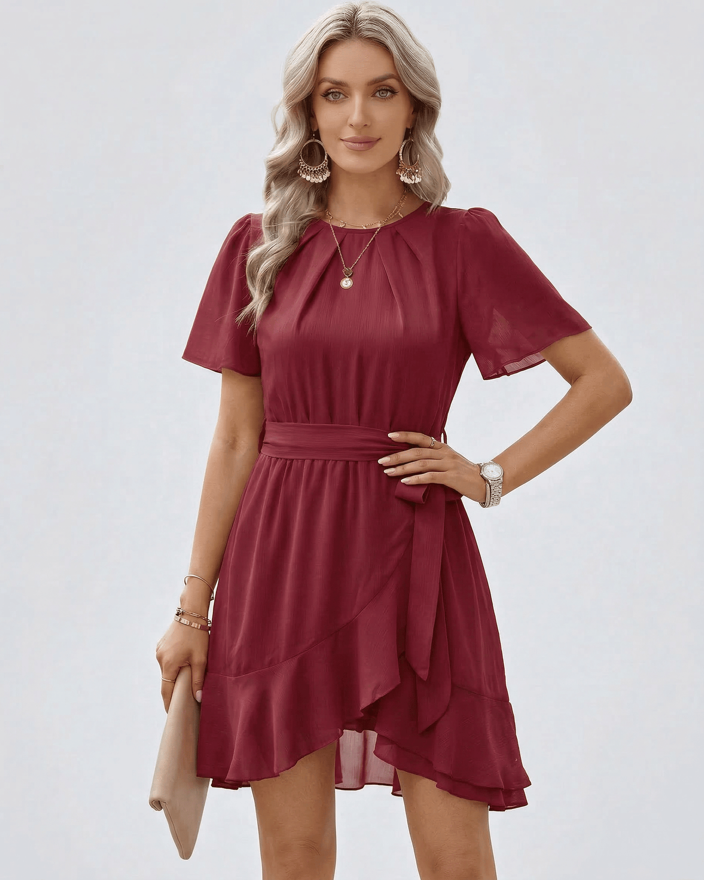 Mael Mini Dress by RAMBLION, red satin dress with flutter sleeves, perfect for day or evening outings