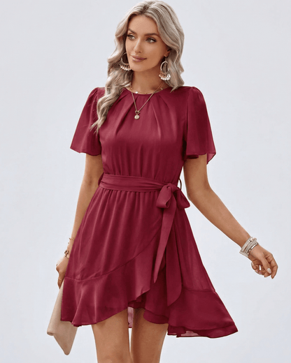 Mael Mini Dress in bold red, 100% polyester satin, round neck, ideal for daytime outings or evening gatherings by RAMBLION.