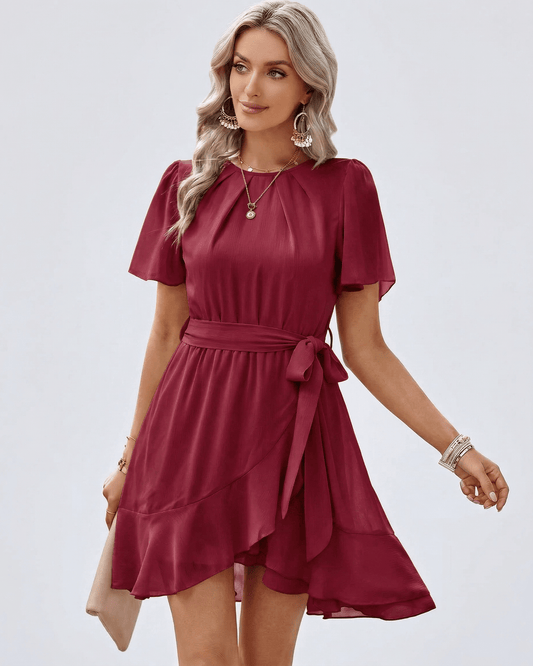 Mael Mini Dress in bold red, 100% polyester satin, round neck, ideal for daytime outings or evening gatherings by RAMBLION.