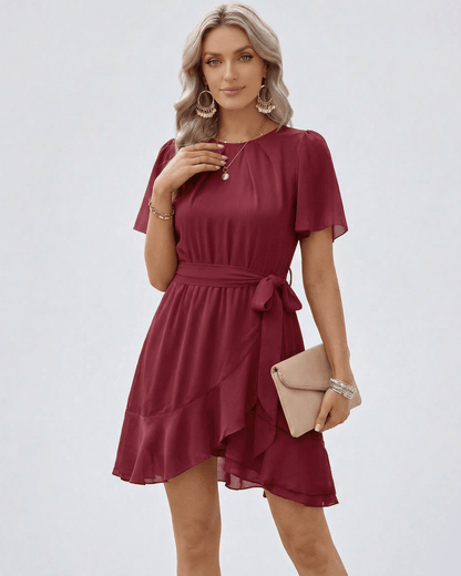 Mael Mini Dress by RAMBLION in elegant burgundy, featuring lightweight fabric, flutter sleeves, perfect for special occasions.