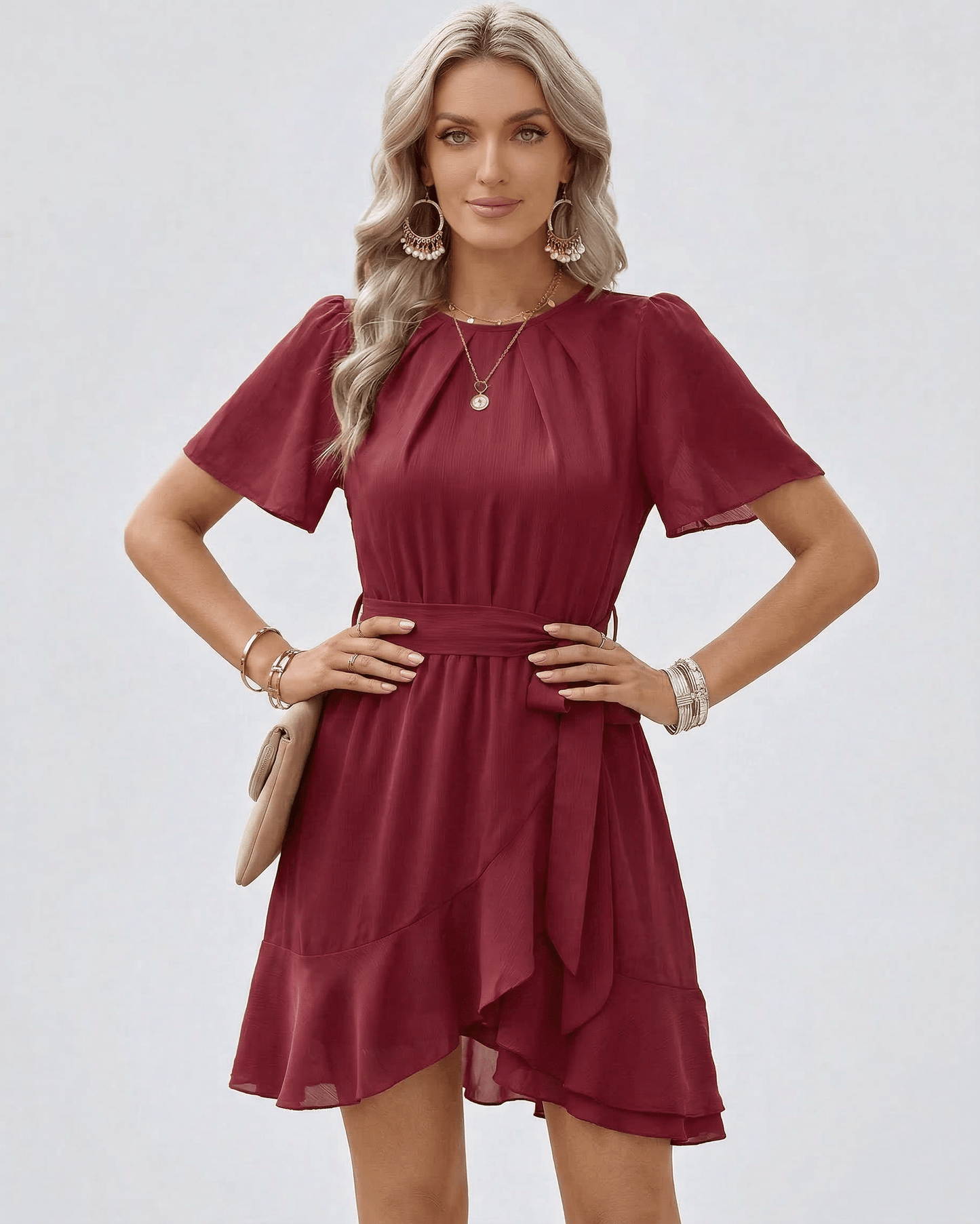 Mael Mini Dress in bold red with round neck, flutter sleeves, perfect for day or evening, by RAMBLION.