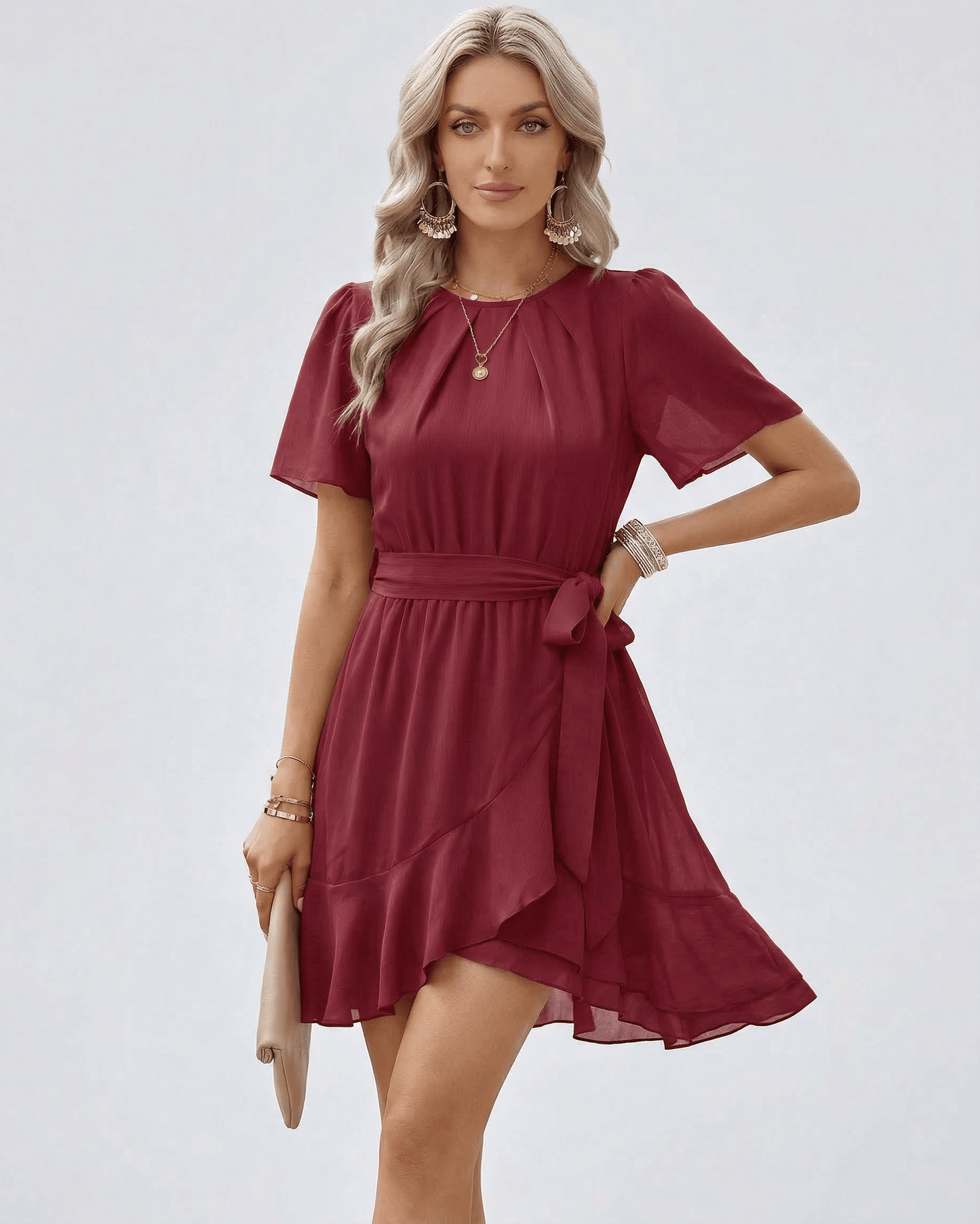 Mael Mini Dress by RAMBLION, red satin dress with flutter sleeves, perfect for daytime and evening occasions.