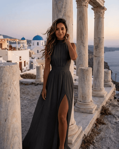 Maiori Maxi Dress in black, silky fabric, sleeveless design, perfect for elegant occasions, from RAMBLION brand.