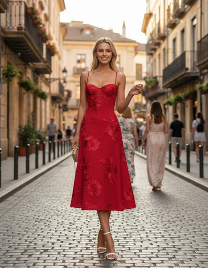 Majorelle Midi Dresses — Red | SKU: RB-8775c3-red-2,RB-8775c3-red-4,RB-8775c3-red-6,RB-8775c3-red-8,RB-8775c3-red-10,RB-8775c3-red-12,RB-8775c3-red-14,RB-8775c3-red-16,RB-8775c3-red-16W,RB-8775c3-red-18W,RB-8775c3-red-20W,RB-8775c3-red-22W