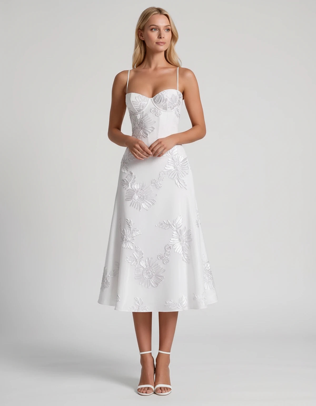Majorelle Midi Dresses — White | SKU: RB-8775c3-white-2,RB-8775c3-white-4,RB-8775c3-white-6,RB-8775c3-white-8,RB-8775c3-white-10,RB-8775c3-white-12,RB-8775c3-white-14,RB-8775c3-white-16,RB-8775c3-white-16W,RB-8775c3-white-18W,RB-8775c3-white-20W,RB-8775c3-white-22W