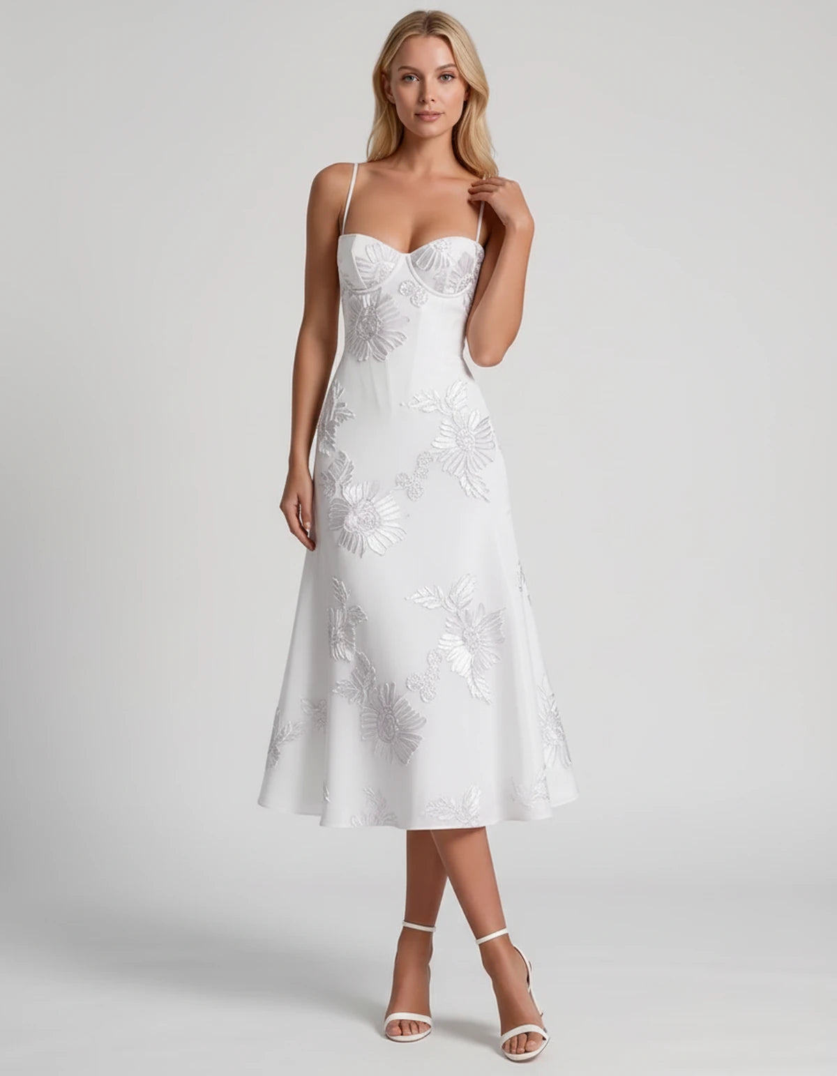Majorelle Midi Dresses — White | SKU: RB-8775c3-white-2,RB-8775c3-white-4,RB-8775c3-white-6,RB-8775c3-white-8,RB-8775c3-white-10,RB-8775c3-white-12,RB-8775c3-white-14,RB-8775c3-white-16,RB-8775c3-white-16W,RB-8775c3-white-18W,RB-8775c3-white-20W,RB-8775c3-white-22W