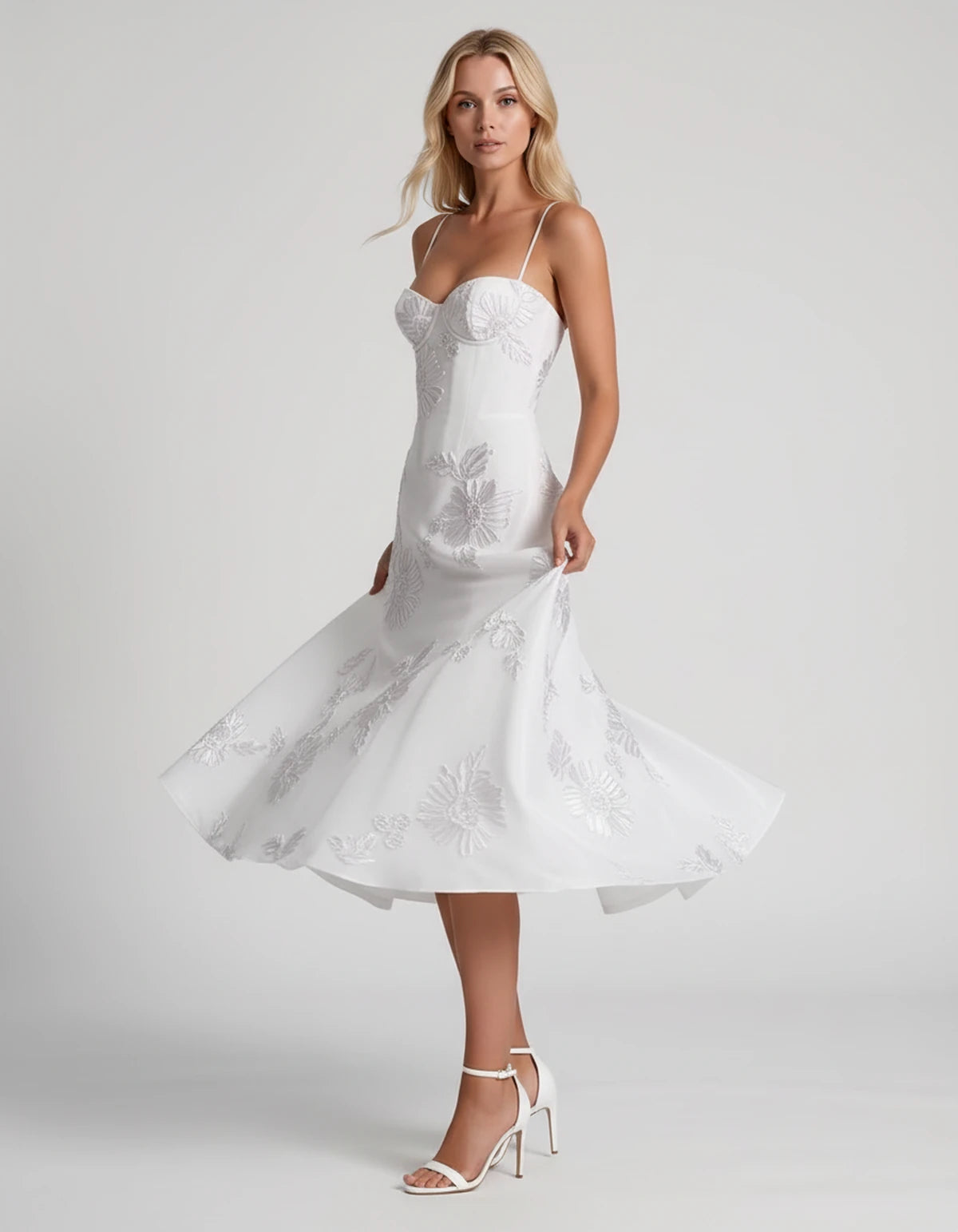 Majorelle Midi Dresses — White | SKU: RB-8775c3-white-2,RB-8775c3-white-4,RB-8775c3-white-6,RB-8775c3-white-8,RB-8775c3-white-10,RB-8775c3-white-12,RB-8775c3-white-14,RB-8775c3-white-16,RB-8775c3-white-16W,RB-8775c3-white-18W,RB-8775c3-white-20W,RB-8775c3-white-22W
