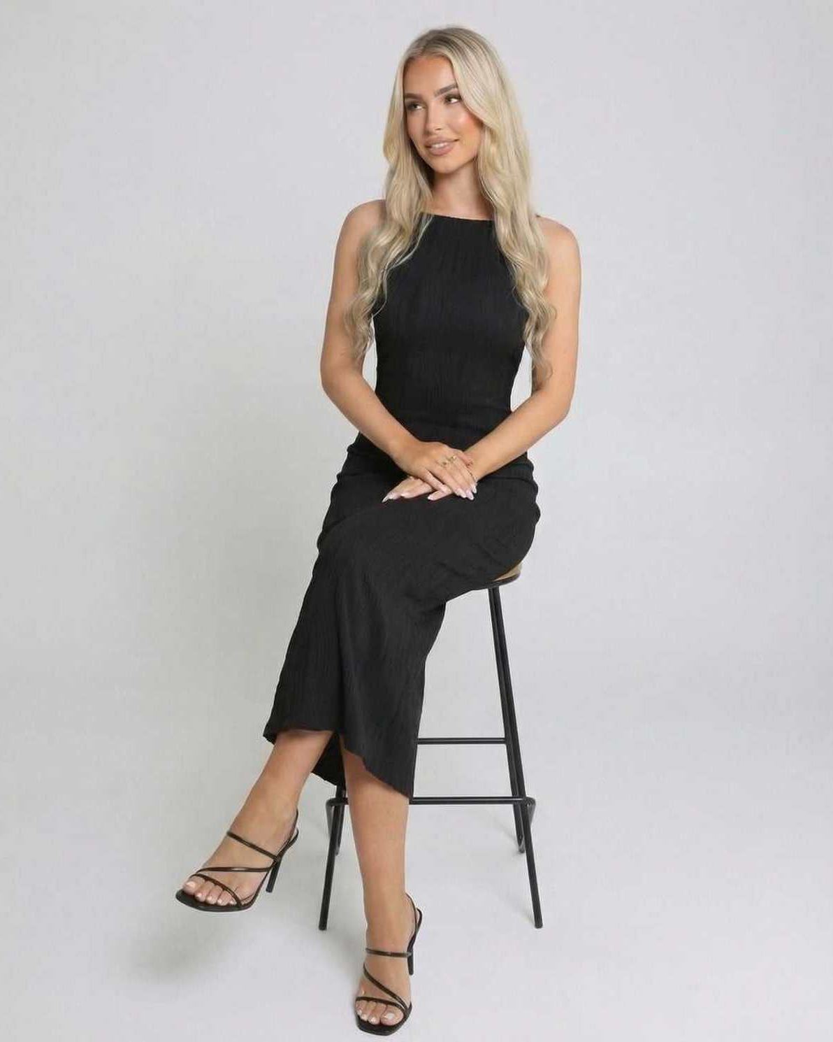 Mana Maxi Dress by RAMBLION, black ankle-length satin dress, round neck, elegant fit for special occasions.