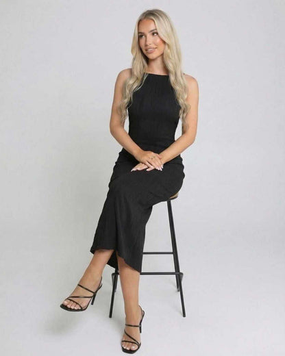 Mana Maxi Dress by RAMBLION, black ankle-length satin dress, round neck, elegant fit for special occasions.