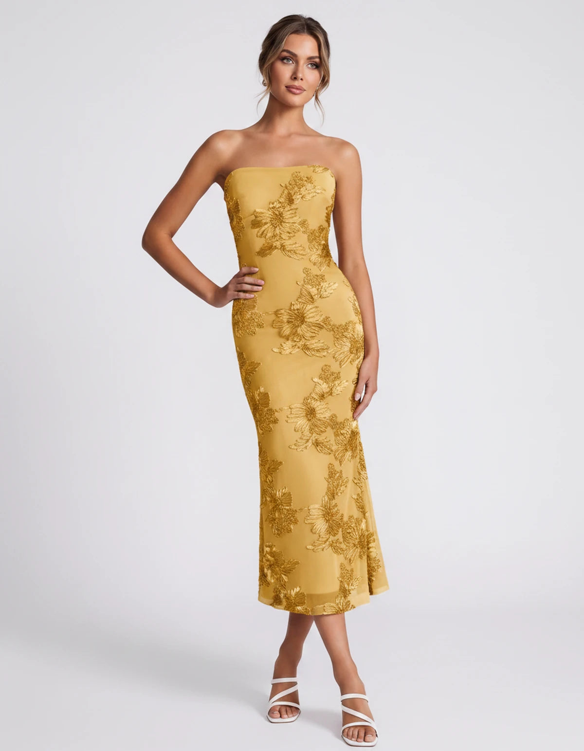 Mandarine Midi Dresses — Gold | SKU: RB-257a52-gold-2,RB-257a52-gold-4,RB-257a52-gold-6,RB-257a52-gold-8,RB-257a52-gold-10,RB-257a52-gold-12,RB-257a52-gold-14,RB-257a52-gold-16,RB-257a52-gold-16W,RB-257a52-gold-18W,RB-257a52-gold-20W,RB-257a52-gold-22W