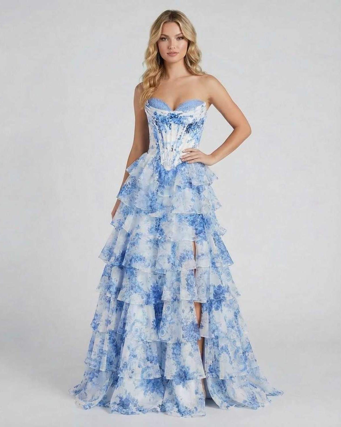 Mara Maxi Dress in blue floral chiffon, strapless, layered skirt for elegant occasions by RAMBLION.
