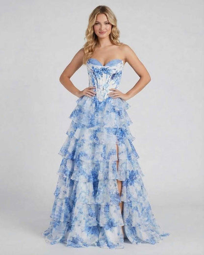 Mara Maxi Dress by RAMBLION, strapless blue floral chiffon, romantic occasion, elegant silhouette, airy tiered skirt.