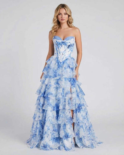 Mara Maxi Dress by RAMBLION, blue floral pattern, strapless, tiered skirt, elegant and romantic style.