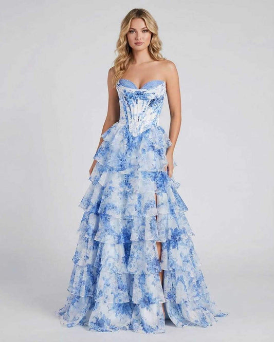 Mara Maxi Dress by RAMBLION, blue floral pattern, strapless, tiered skirt, elegant and romantic style.