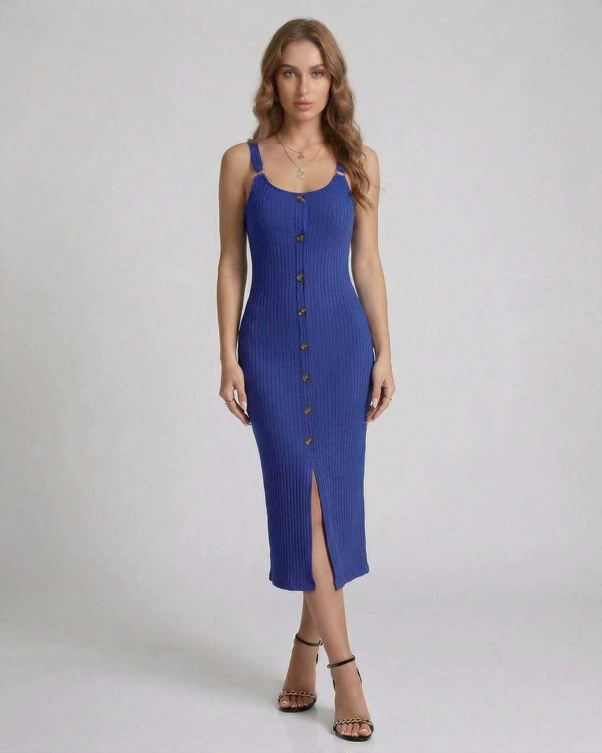 Mara Midi Dress by RAMBLION in blue, featuring ribbed texture, round neck, perfect for casual occasions.