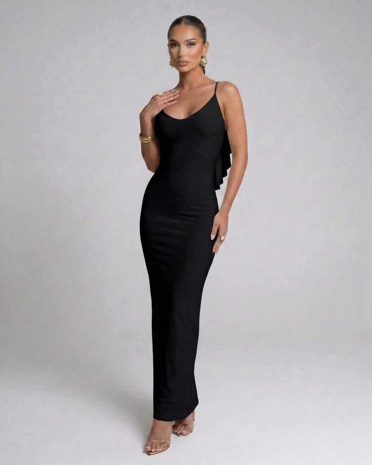 Mare Maxi Dress by RAMBLION, black ankle-length, V neck, elegant and versatile for modern sophistication.