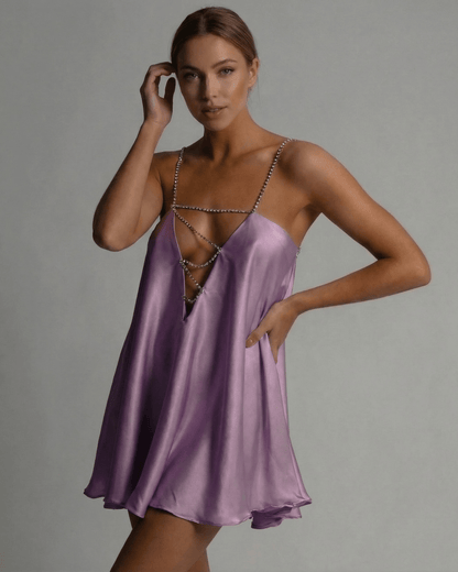 Mare Mini Dress in lustrous purple satin with V-neck and chic A-line silhouette by RAMBLION.
