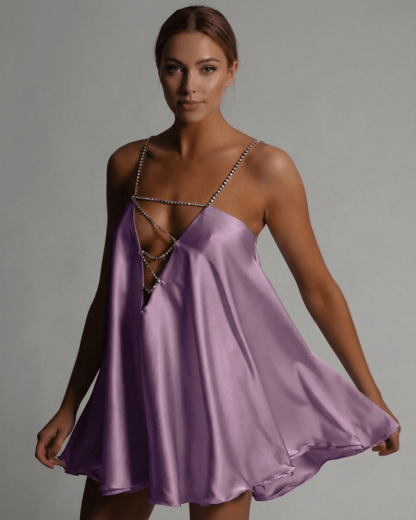 Mare Mini Dress by RAMBLION, a chic purple satin mini with V neck and A-line silhouette for stylish occasions.