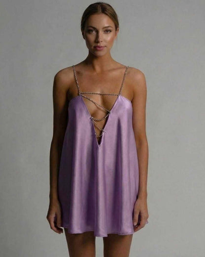 Mare Mini Dress by RAMBLION in purple satin, featuring a stunning V neck and chic A-line silhouette for a stylish look.