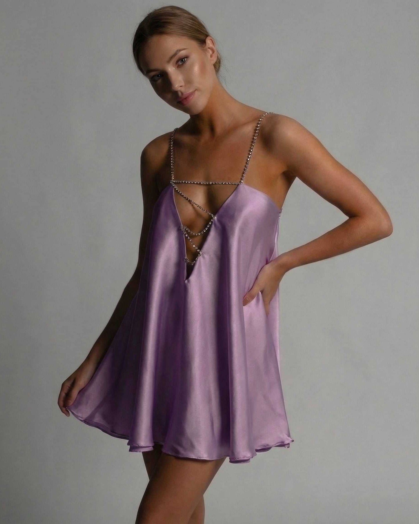 Mare Mini Dress by RAMBLION in purple satin, featuring a V Neck and stylish A-line silhouette, perfect for chic occasions.