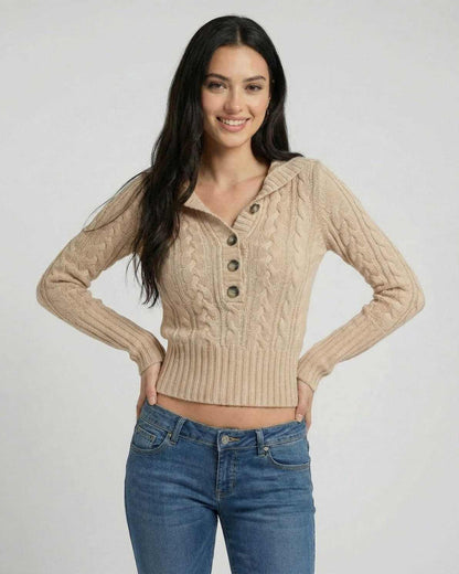 Marettimo Sweater by RAMBLION, beige cable knit, hooded design, perfect for transitional weather and stylish layering.