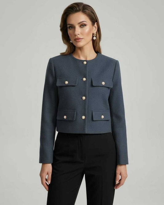 Marina Jacket by Lauven - Elegant wool blend jacket in slate blue with gold button details, cropped silhouette.