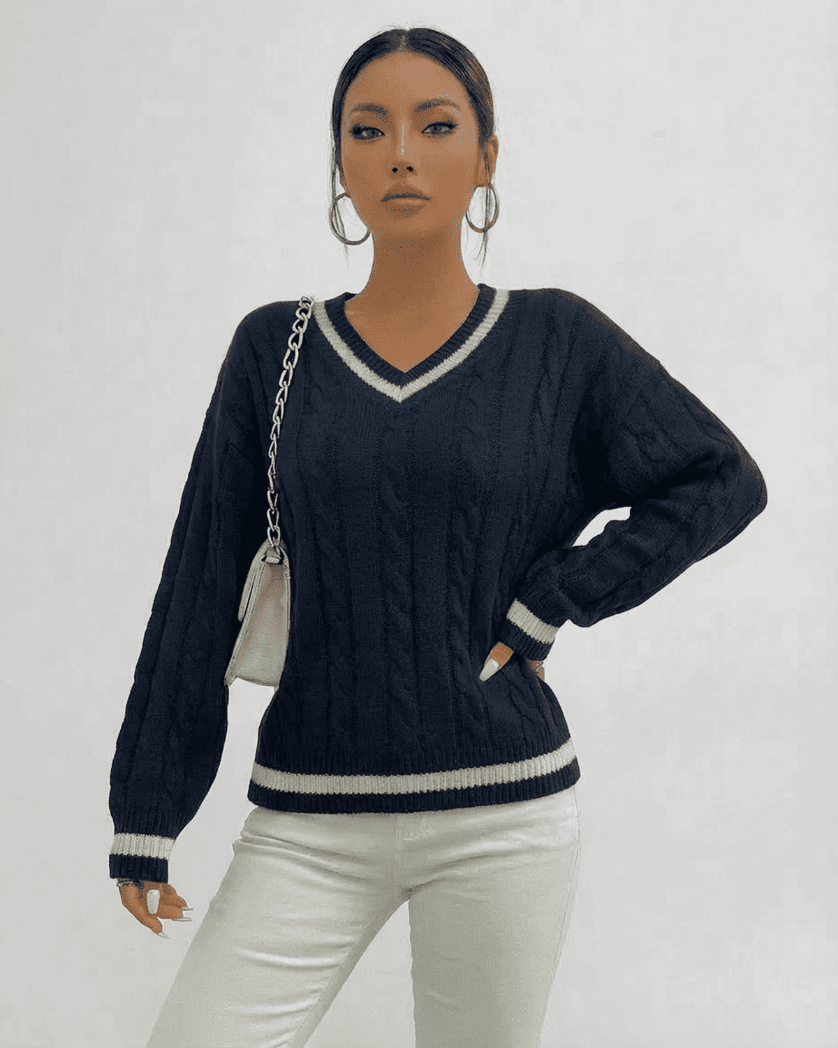 Marina Sweater - Cable Knit V-Neck Pullover by RAMBLION in navy, perfect for stylish everyday wear.