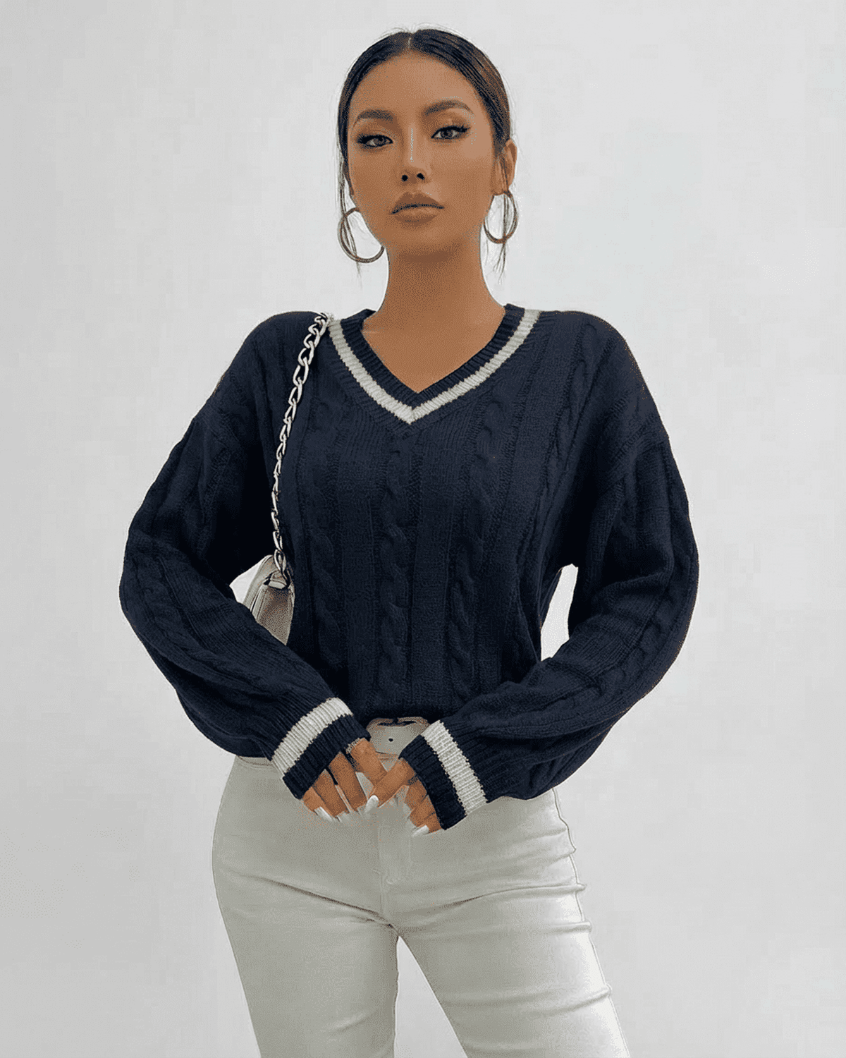 Marina Sweater in navy with cable knit texture and V-neck collar, perfect women's pullover by RAMBLION.