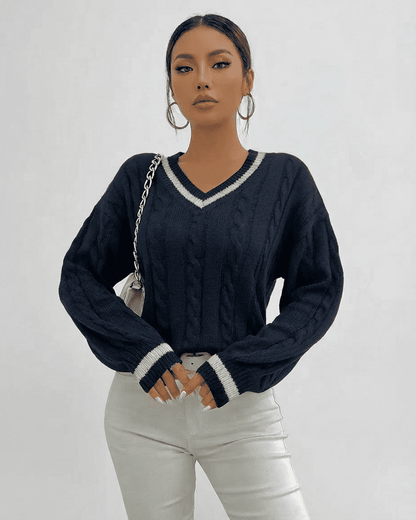 Marina Sweater in navy with cable knit texture and V-neck collar, perfect women's pullover by RAMBLION.