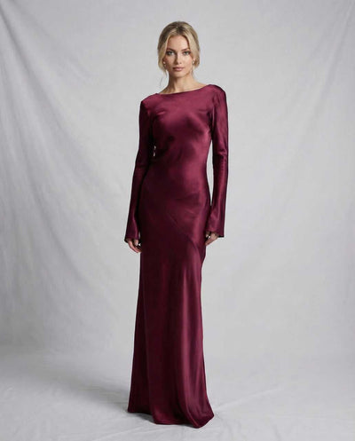 Maya Maxi Dress - Luxurious burgundy satin, elegant mermaid gown for formal events by RAMBLION.