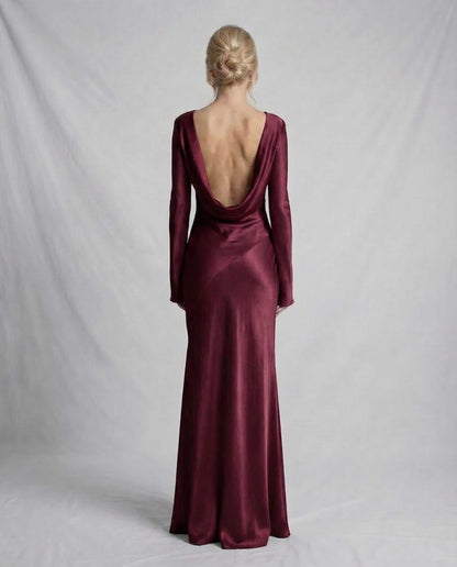Burgundy Satin Mermaid Round Neck Long Sleeve Maxi Dress | Prom, Celebrations & Weddings, back view | Ramblion | SKU: VMD-983217456-burgundy-L-6800,VMD-983217456-burgundy-M-9445,VMD-983217456-burgundy-S-5913,VMD-983217456-burgundy-XL-9833,VMD-983217456-burgundy-XS-7837