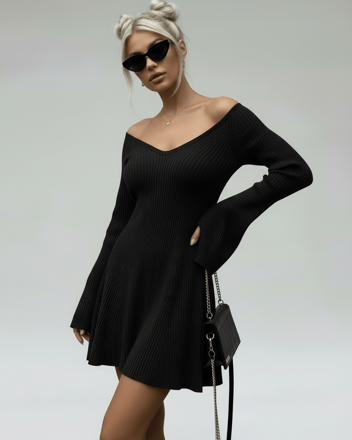 Maya Mini Dress in black, V-neck, A-line silhouette, stylish, comfortable, perfect for casual occasions, by RAMBLION.
