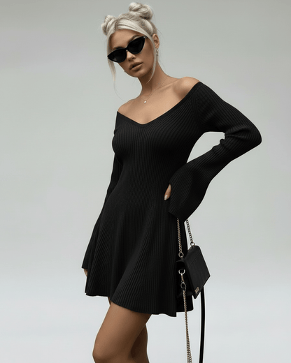Maya Mini Dress by RAMBLION, black V-neck A-line dress perfect for casual outings, offering comfort and style.