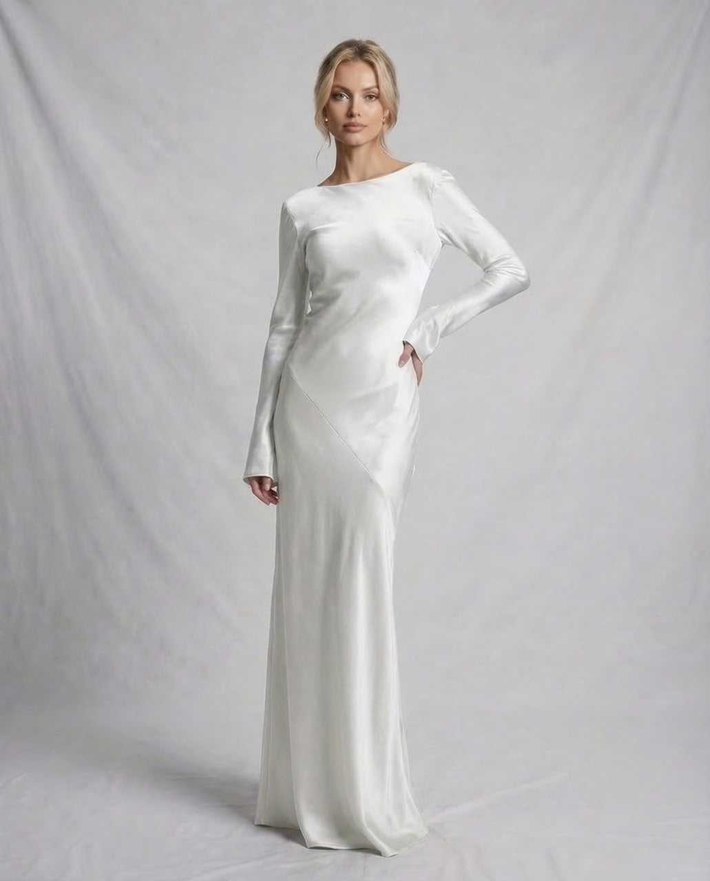 Meda Maxi Dress in white, luxurious satin texture, elegant silhouette, perfect for special occasions, by RAMBLION.
