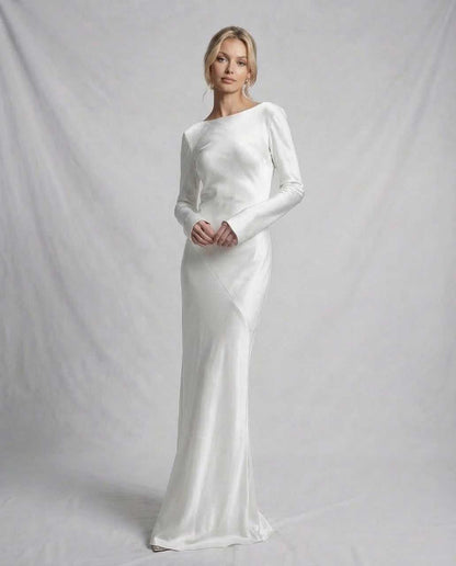 Meda Maxi Dress in white, 100% polyester satin, ankle-length, elegant for special occasions by RAMBLION.