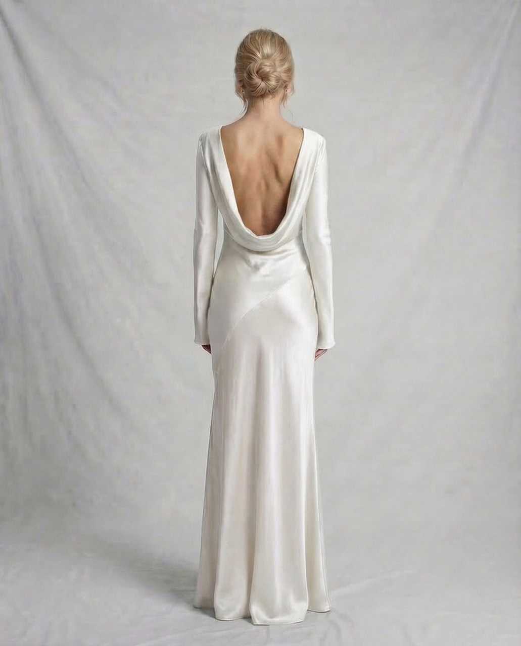 Meda Maxi Dress in white, 100% polyester satin, low draped back, elegant silhouette for special occasions, RAMBLION.