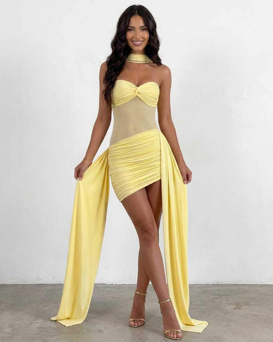 Ramblion Mela mini dress — strapless / off shoulder neckline · front view · styled for prom season